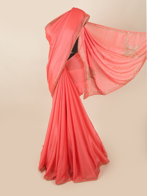 

Pothys Pink & Gold-Toned Embellished Beads and Stones Saree