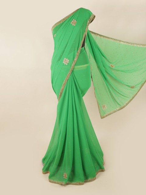 

Pothys Green & Gold-Toned Embellished Beads and Stones Saree