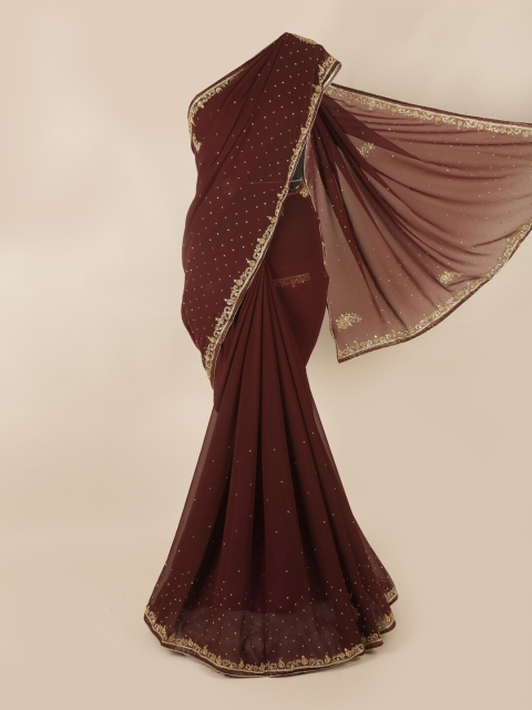 

Pothys Brown & Gold-Toned Embellished Beads and Stones Saree