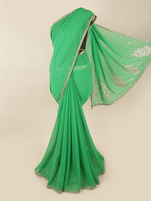 

Pothys Green & Silver-Toned Embellished Beads and Stones Saree