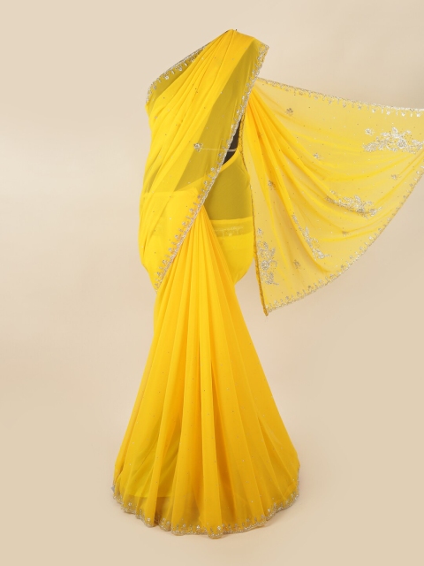 

Pothys Yellow & Silver-Toned Embellished Beads and Stones Saree