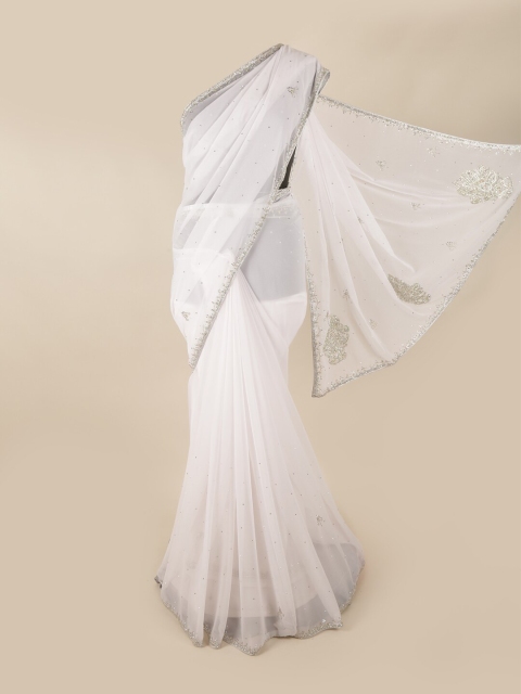 

Pothys White & Silver-Toned Embellished Beads and Stones Saree