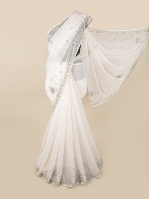 

Pothys White & Silver-Toned Floral Beads and Stones Saree