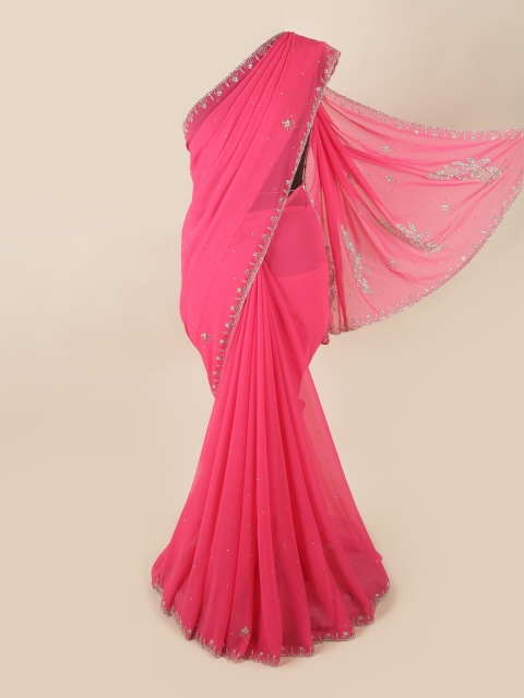 

Pothys Pink & Silver-Toned Embellished Beads and Stones Saree