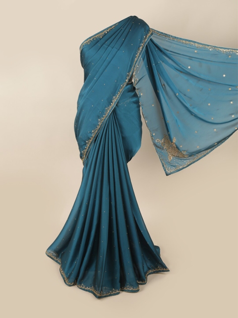 

Pothys Blue & Gold-Toned Embellished Beads and Stones Saree