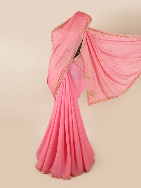 

Pothys Pink & Gold-Toned Embellished Beads and Stones Saree