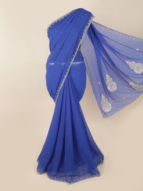 

Pothys Blue & Silver Embellished Poly Georgette Saree