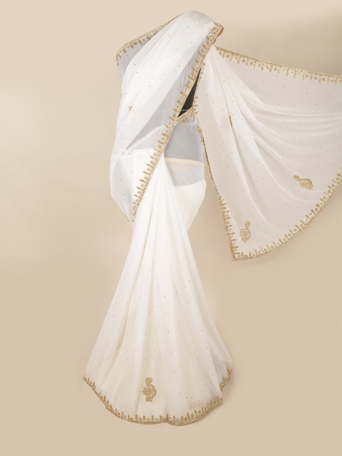

Pothys White & Gold-Toned Embellished Beads and Stones Saree