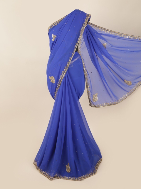 

Pothys Blue & Gold-Toned Embellished Beads and Stones Saree