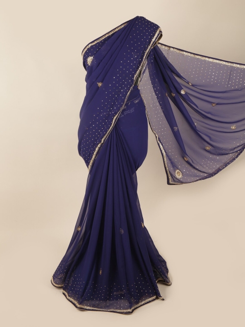 

Pothys Blue & Gold-Toned Embellished Beads and Stones Saree