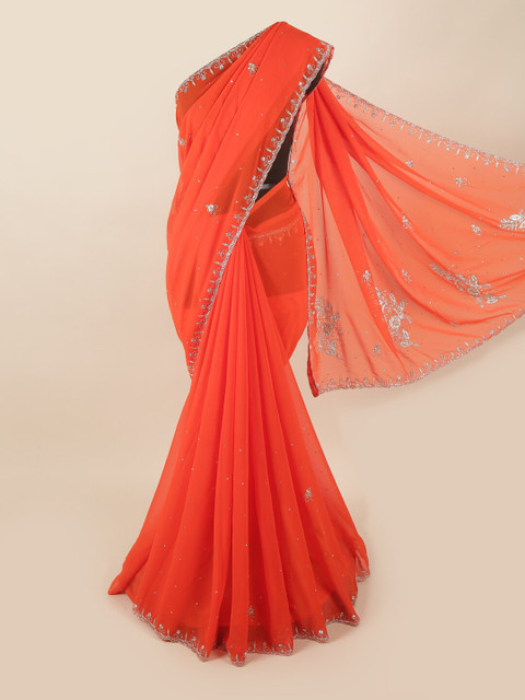 

Pothys Orange & Silver-Toned Embellished Saree