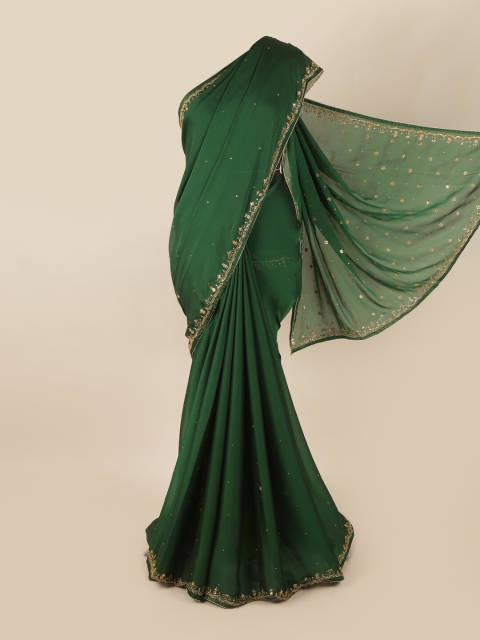 

Pothys Green & Gold-Toned Embellished Beads and Stones Saree