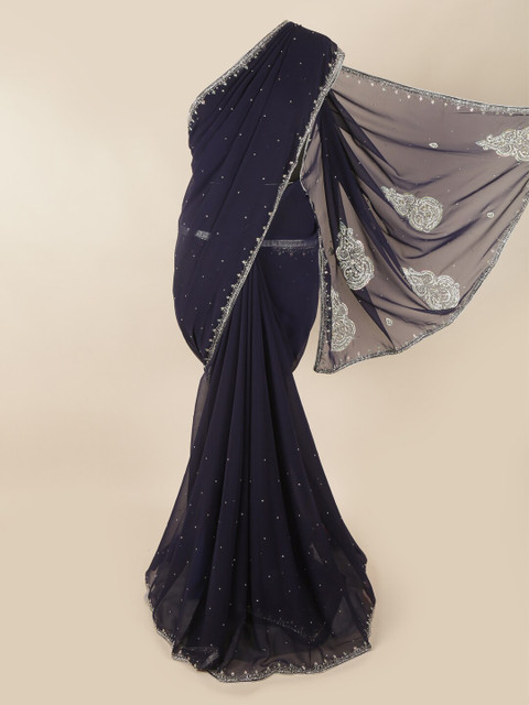 

Pothys Navy Blue & Silver-Toned Embellished Beads and Stones Saree