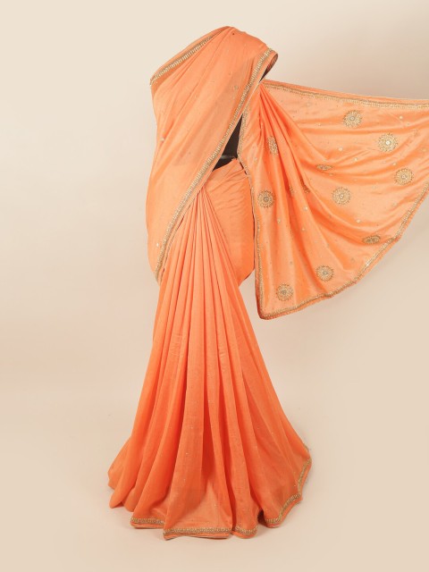 

Pothys Peach-Coloured & Gold-Toned Floral Beads & Stones Saree