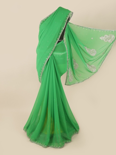 

Pothys Green & Silver-Toned Embellished Beads and Stones Saree