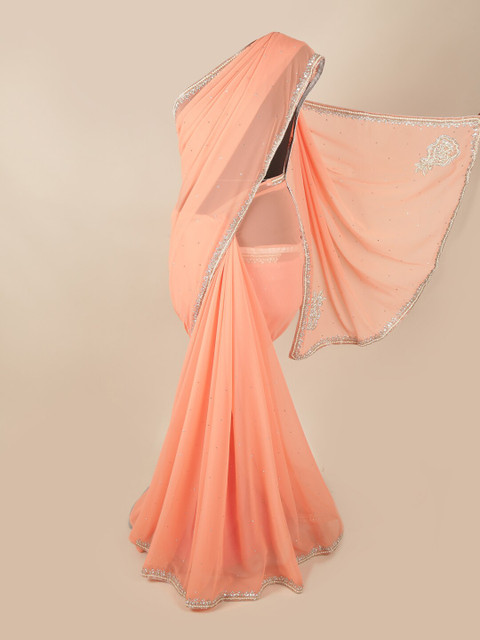 

Pothys Peach-Coloured & Silver-Toned Embellished Beads and Stones Saree