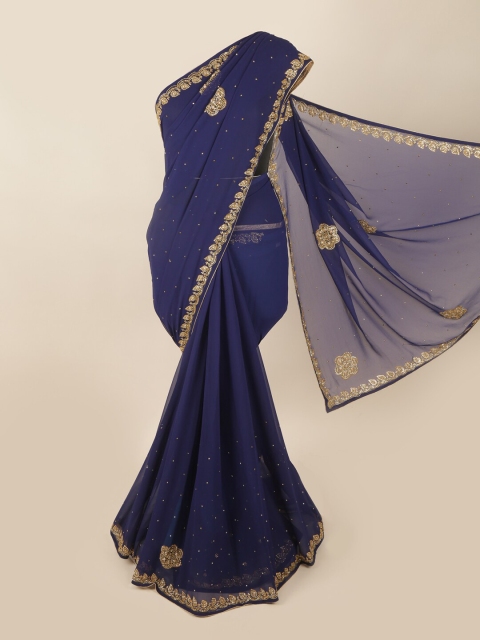 

Pothys Navy Blue & Gold-Toned Embellished Beads and Stones Saree