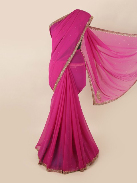 

Pothys Magenta & Gold-Toned Embellished Beads and Stones Saree