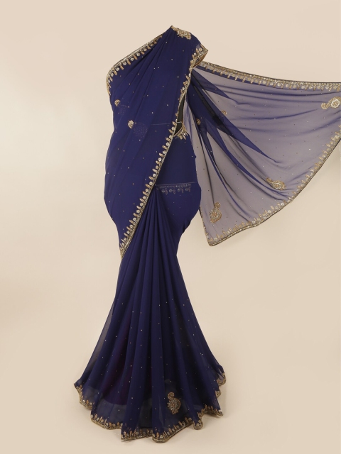 

Pothys Navy Blue & Gold-Toned Embellished Beads and Stones Saree