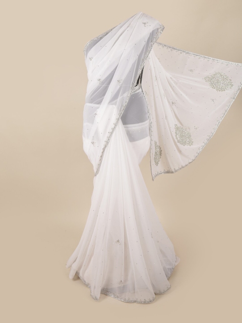 

Pothys White & Silver-Toned Embellished Beads and Stones Saree