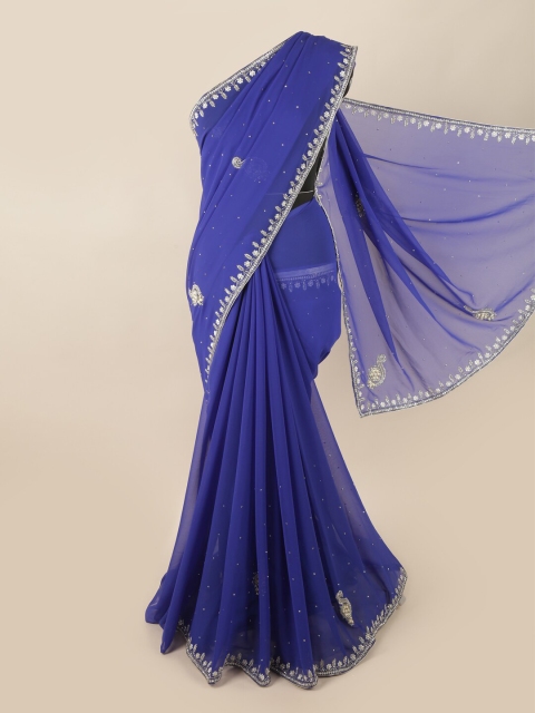 

Pothys Blue & Silver-Toned Embellished Beads and Stones Saree
