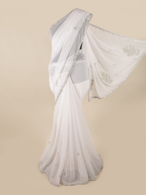 

Pothys White & Silver Embellished Poly Georgette Saree
