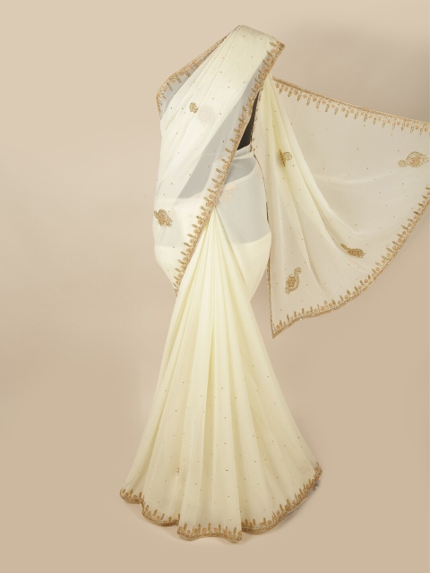 

Pothys Cream-Coloured & Gold-Toned Embellished Beads and Stones Saree