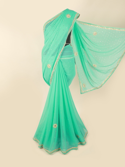 

Pothys Green & Gold-Toned Embellished Beads and Stones Saree