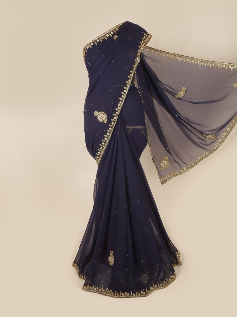 

Pothys Navy Blue & Gold-Toned Floral Beads & Stones Saree