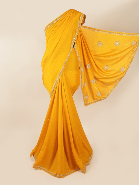 

Pothys Mustard & Gold-Toned Embellished Beads and Stones Saree