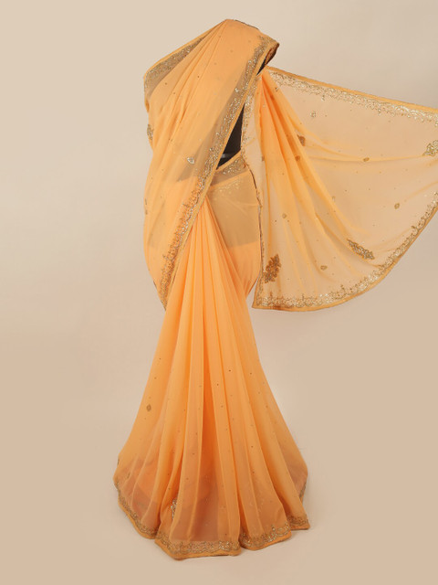 

Pothys Peach-Coloured & Gold-Toned Embellished Beads and Stones Saree