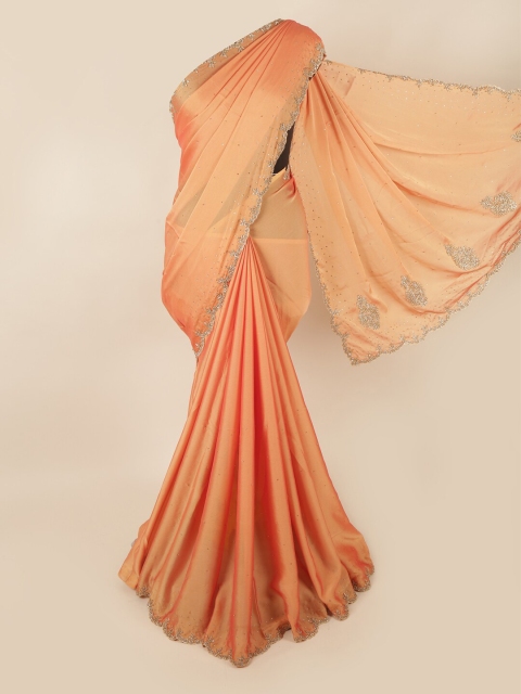

Pothys Peach-Coloured & Silver-Toned Floral Beads & Stones Saree