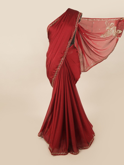 

Pothys Maroon & Gold-Toned Embellished Beads and Stones Saree