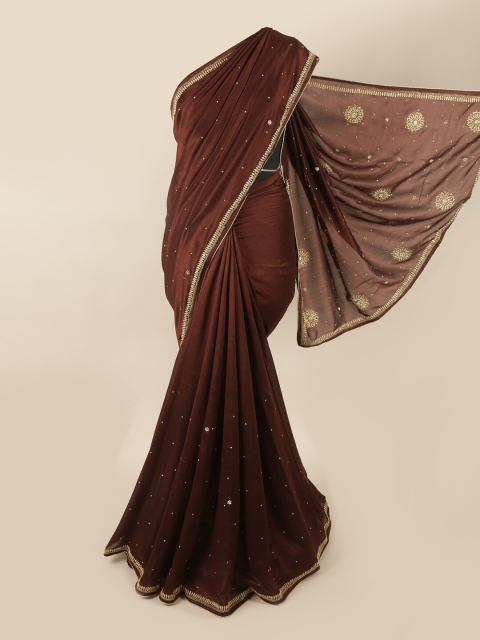 

Pothys Brown & Gold-Toned Embellished Beads and Stones Saree