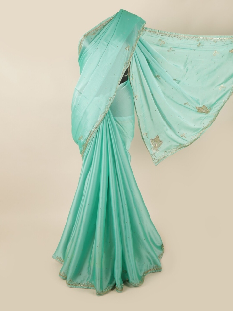 

Pothys Sea Green & Gold Embellished Beads and Stones Saree