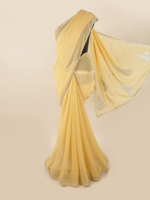 

Pothys Cream-Coloured & Silver-Toned Embellished Beads and Stones Saree