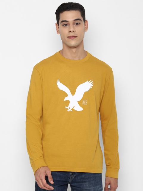 

AMERICAN EAGLE OUTFITTERS Men Yellow & White Brand Logo Printed Pure Cotton T-shirt