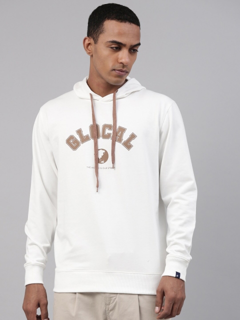 

Breakbounce Men White Printed Hooded Sweatshirt