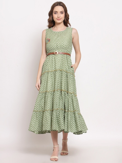 

TERQUOIS Women Green & White Chevron Printed Belted Pure Cotton Midi Dress