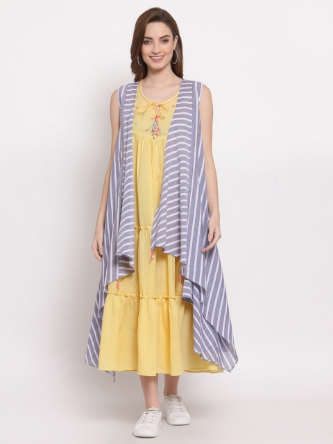 

TERQUOIS Grey Striped A-Line Maxi Dress