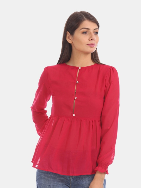 

Cherokee Women Pink Solid Cinched Waist Top