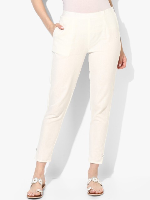 

Varkha Fashion Women Cream Chambray Cigarette Trousers