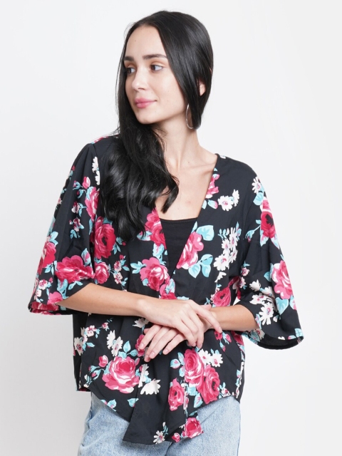 

Purple State Women Black & Pink Floral Printed Shrug