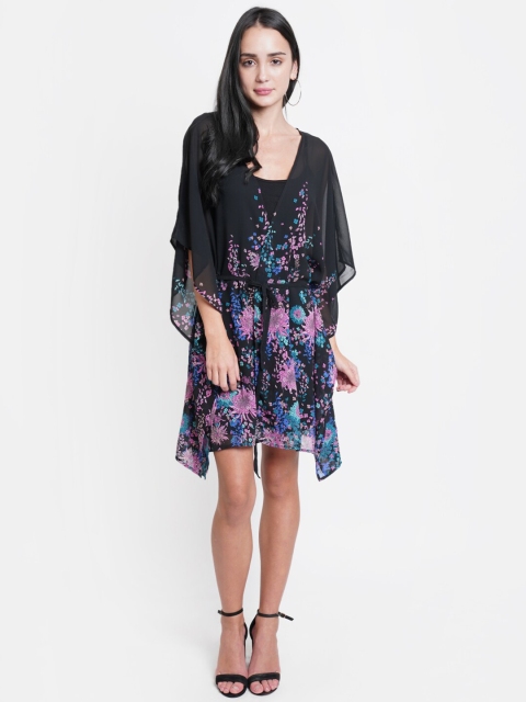 

Purple State Women Black & Pink Printed Longline Shrug