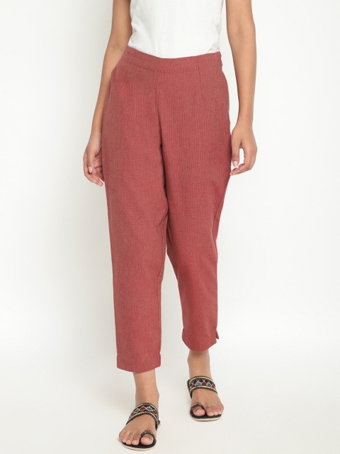

Fabindia Women Brown Textured Slim Fit Cotton Trousers