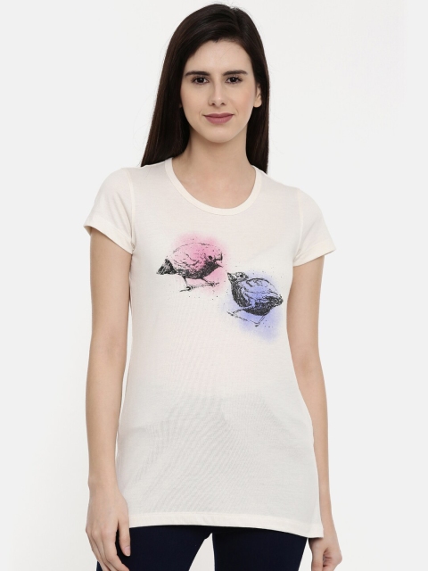 

Bitz Women Cream-Coloured Printed Longline T-shirt