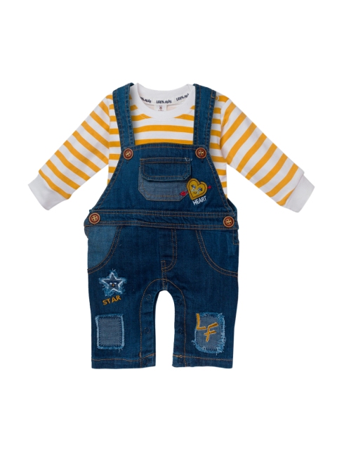 

Little Folks Infant Kids Blue Denim Dungarees With Yellow & White Striped T-Shirt