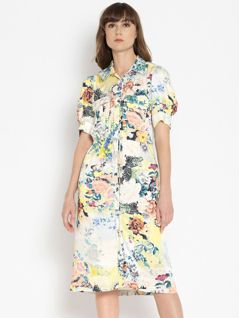 

SHAYE Women Yellow & Pink Floral Printed Shirt Midi Dress
