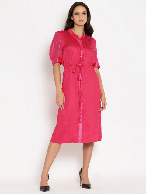 

SHAYE Fuchsia Pink Satin Button-down Midi Dress