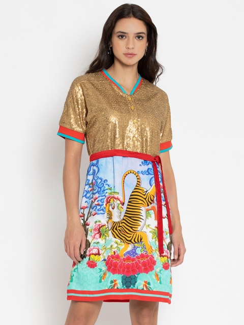 

SHAYE Golden Sequinned A-Line Dress, Multi